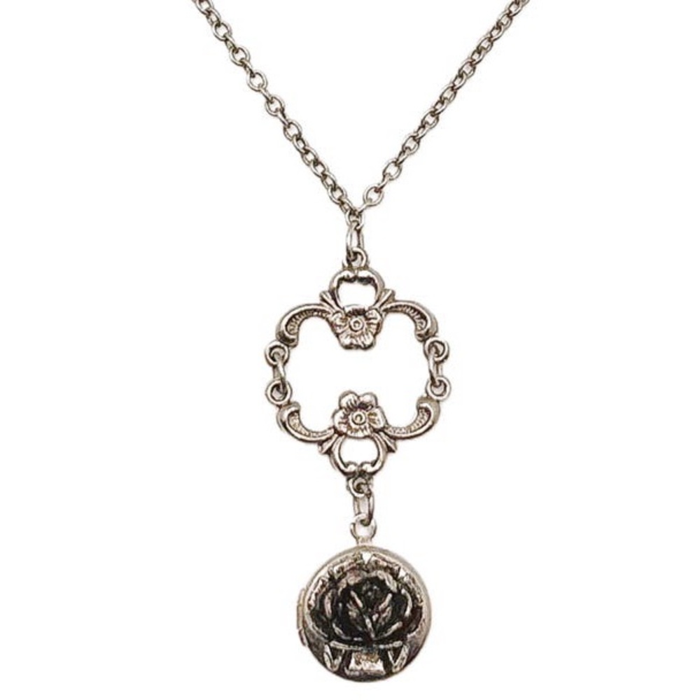 Vintage Silver Tone Rosette Pendant Locket Necklace